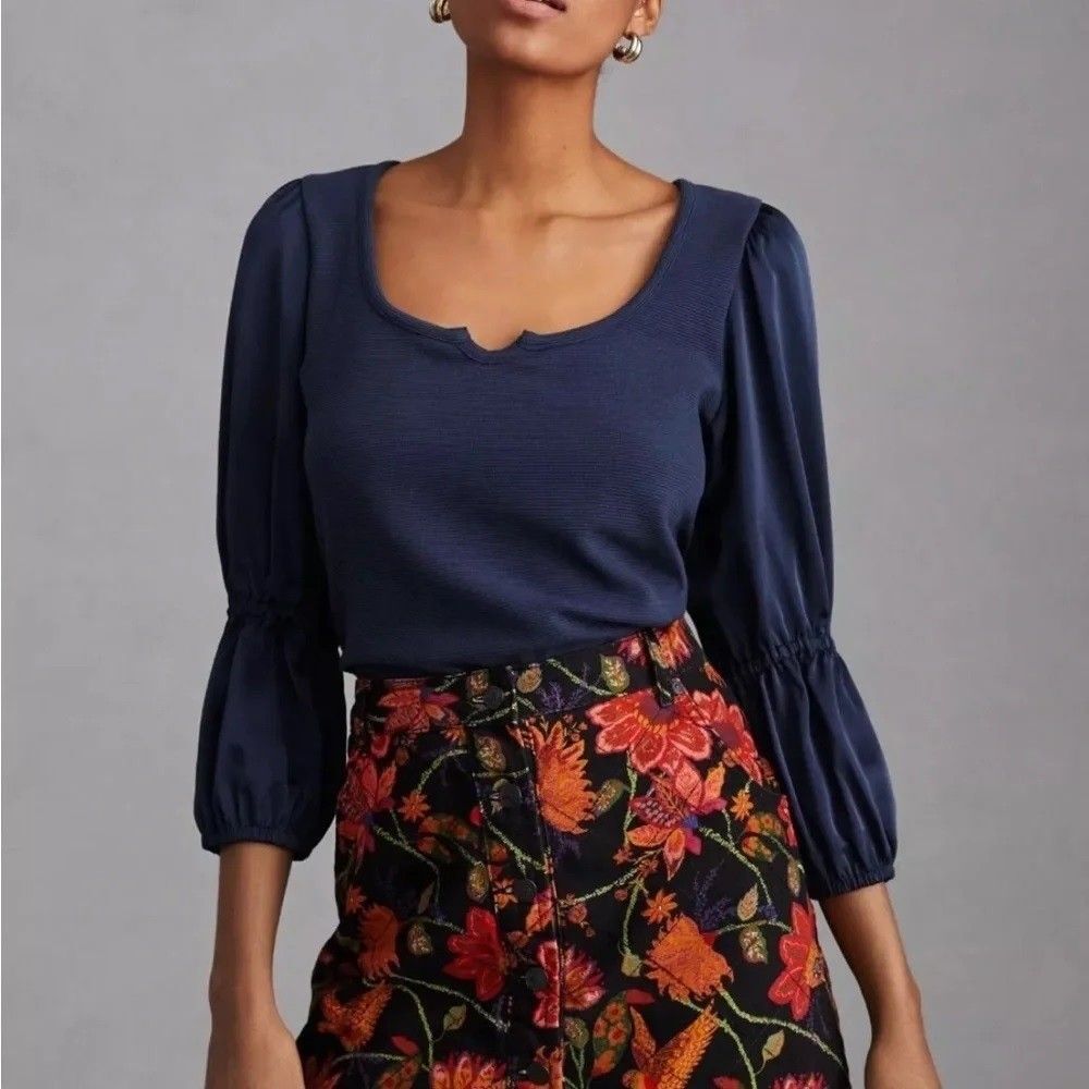 Maeve Anthropologie Women's Navy Blue Ribbed Satin Sleeve Pullover Blouse Size M